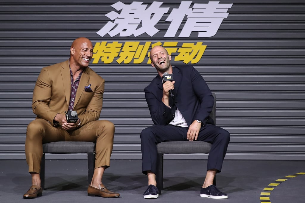 Dwayne Johnson and Jason Statham shared a laugh at a Hobbs & Shaw press panel in China in August 2019.