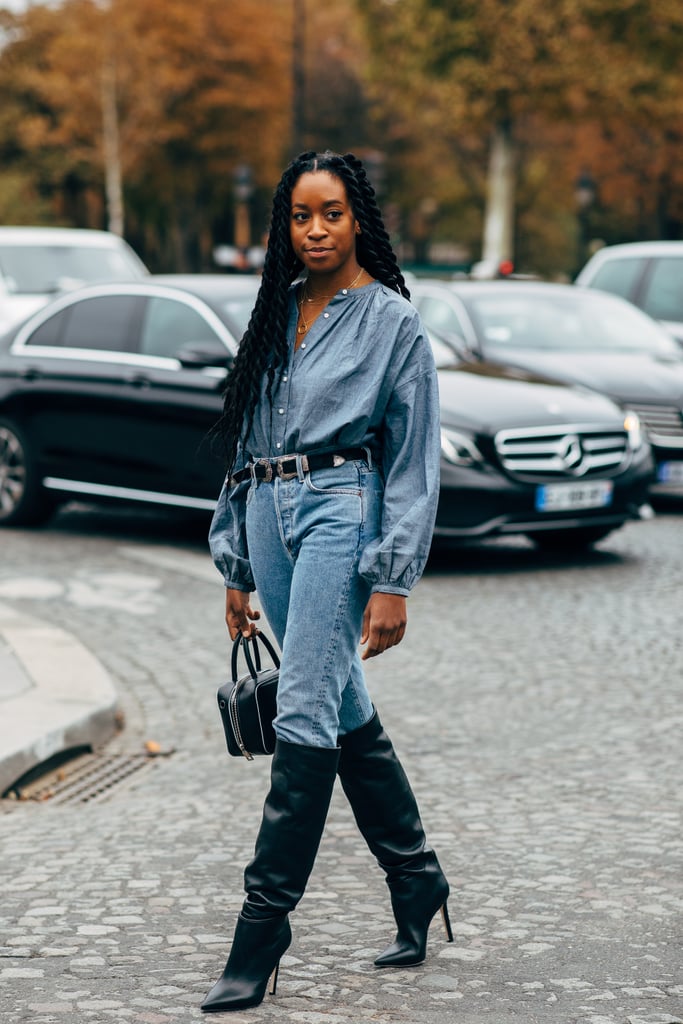 Make denim on denim a devastatingly good outfit with dramatic boots and a belt.