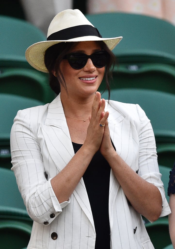 A Black Tank Top, Blue Jeans, Striped White Blazer, and A Fedora at the 2019 Wimbledon Championship