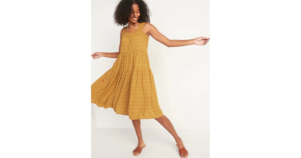 Old Navy Sleeveless Smocked Tonal Stripe Midi Swing Dress Yes