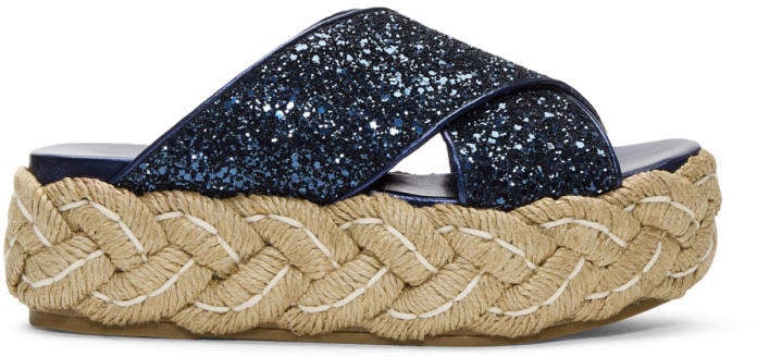 Miu Miu Blue Glitter Raffia Platform Sandals