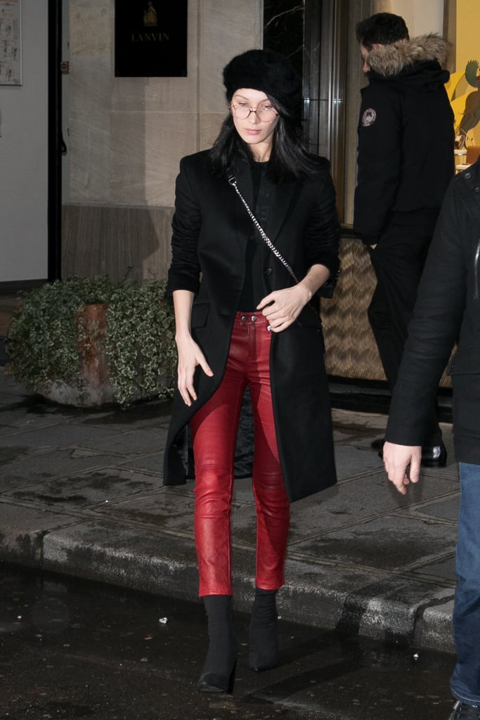 Bella Hadid followed suit in Paris, her own leather skinnies not quite as noticeable but definitely flashy enough.