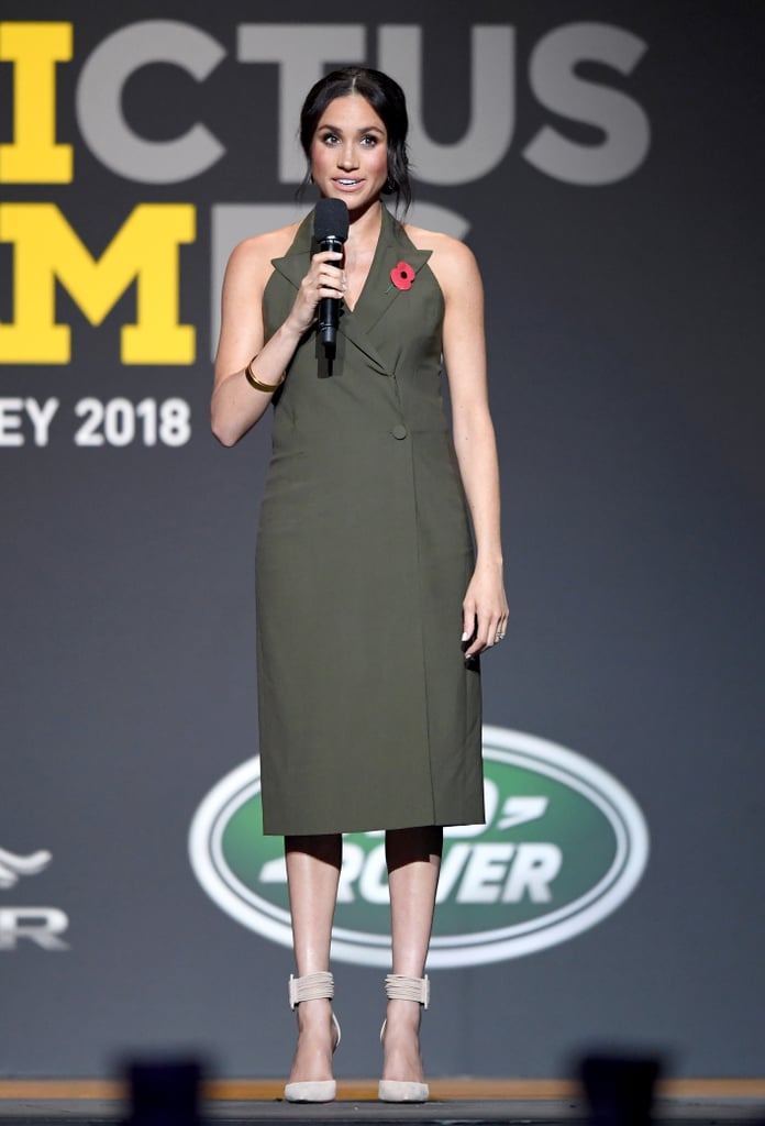 Meghan opted for an olive coloured Antonio Berardi design that boasted similar details at the Invictus Games Closing Ceremony.