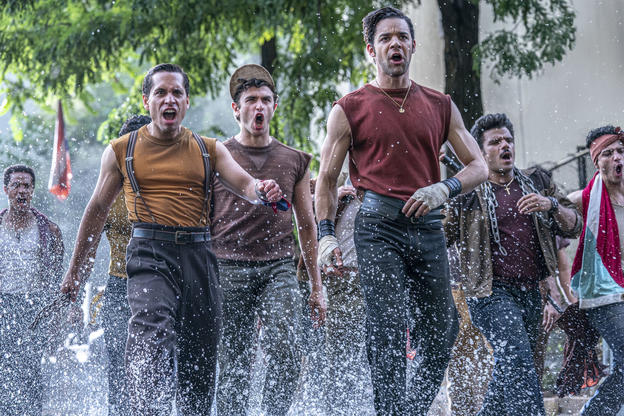 Sebastian Serra as Braulio, Ricky Ubeda as Flaco, and David Alvarez as Bernardo in 20th Century Studios' WEST SIDE STORY. Photo by Niko Tavernise. © 2021 20th Century Studios. All Rights Reserved.