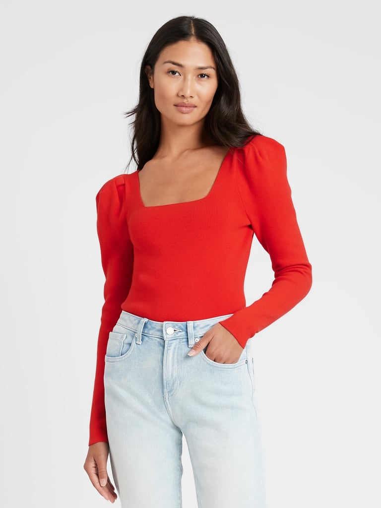 Square-Neck Puff-Sleeve Sweater Top