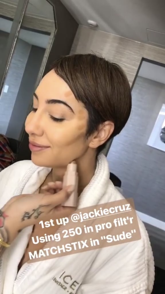 Priscilla prepped Jackie Cruz's face with Fenty Beauty by Rihanna Pro Filt'r Soft Matte Longwear Foundation in 250 and then contoured it with Match Stix Matte Skinstick in Suede. Notice she put shade lines around her forehead, cheekbones, and jawline to add definition.
