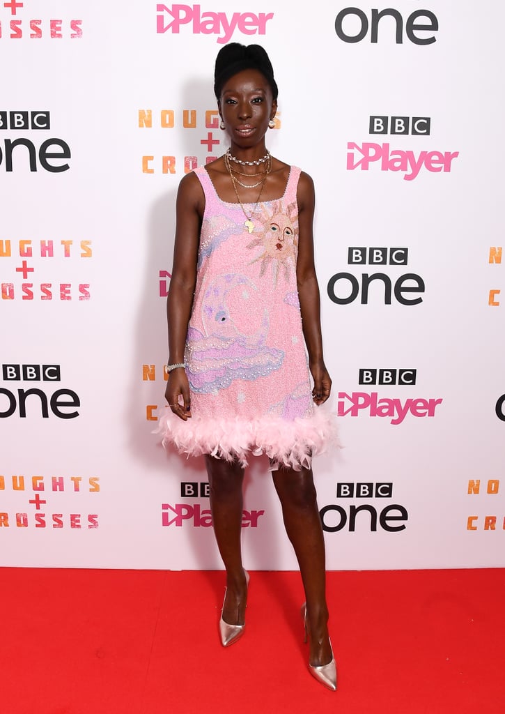 Pink Feather Dress, Pale Gold Heels