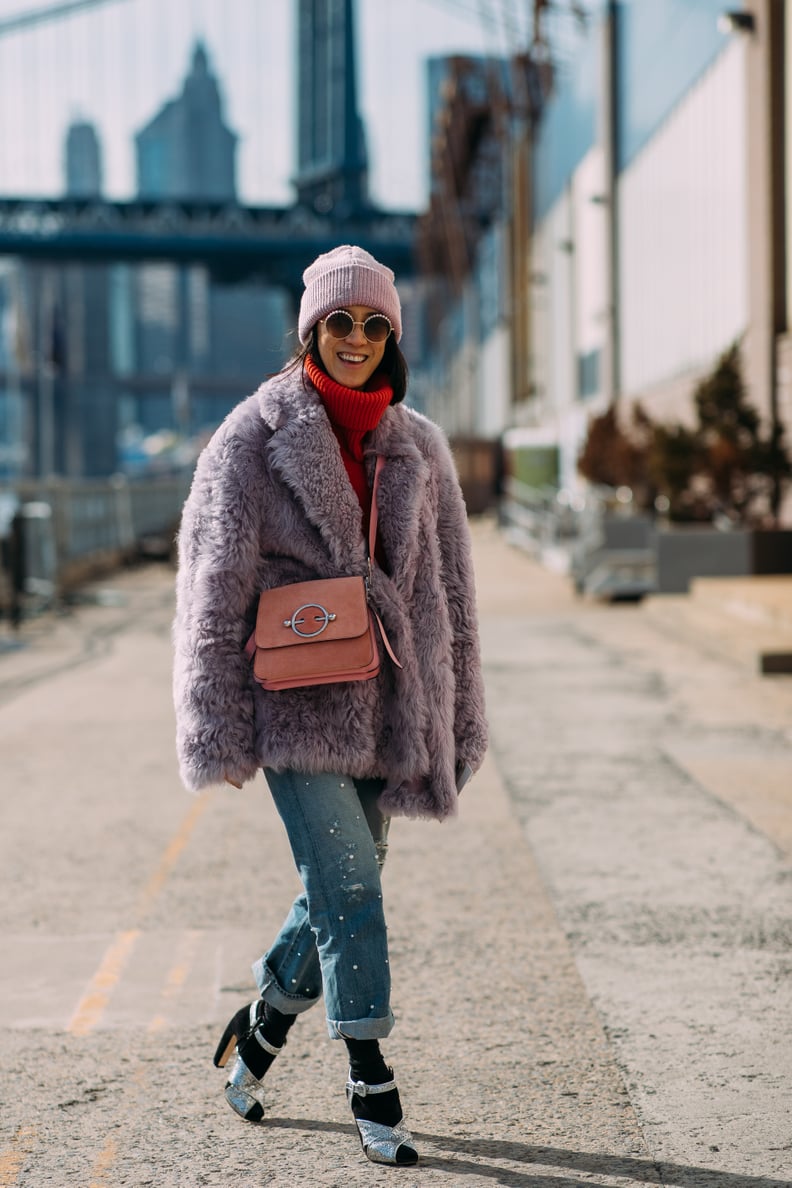 Wear Your Chunky Sweater With a Colorful Fuzzy Coat