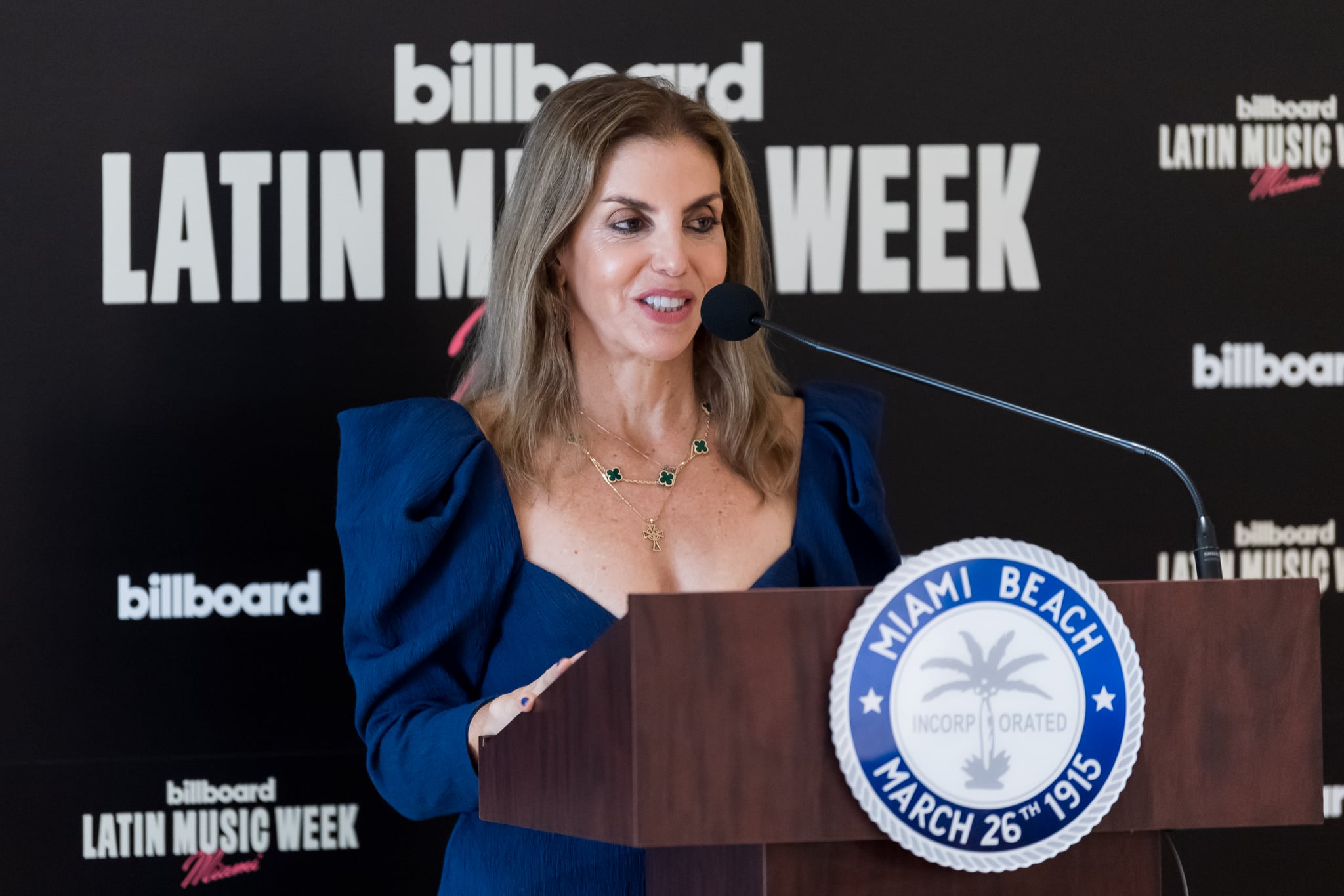 MIAMI BEACH, FLORIDA - SEPTEMBER 20: Billboard Chief Content Office for Latin/Espanol Leila Cobo speaks during the 2023 Billboard Latin Music Week Press Conference at Faena Forum on September 20, 2023 in Miami Beach, Florida. (Photo by Jason Koerner/Getty Images)