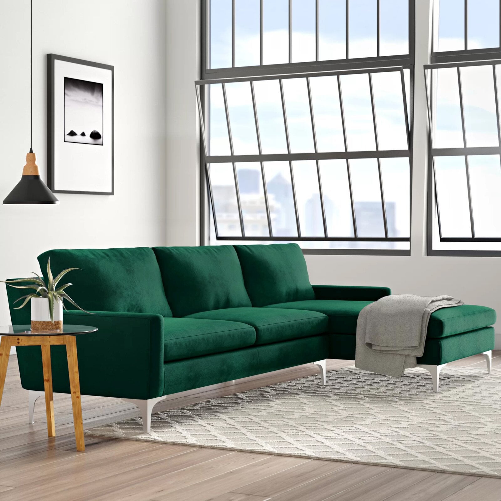 Green velvet top sofa with chaise