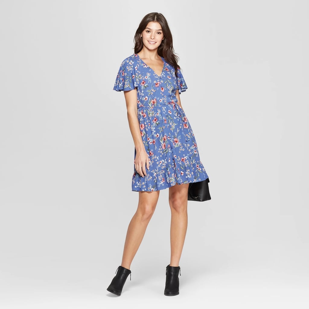 Floral Print Short Sleeve Flutter Button-Front Dress