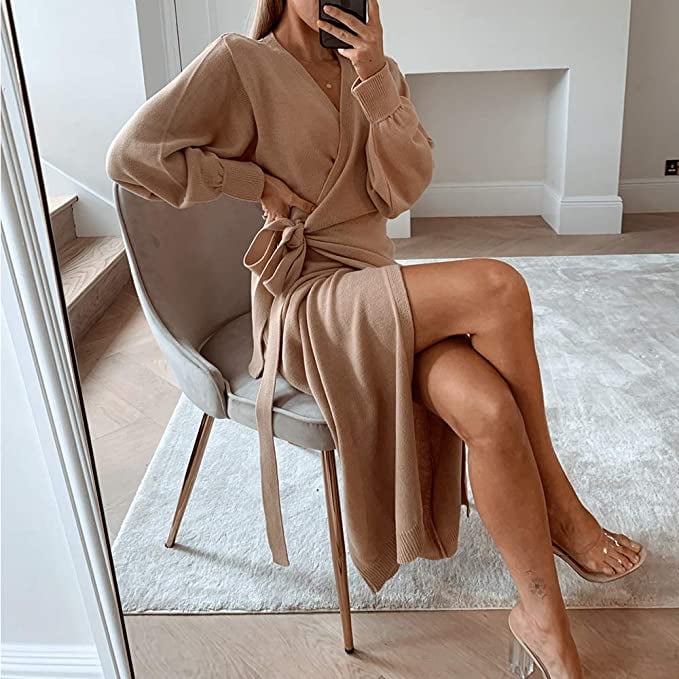 A Wrap Sweater Dress: Exlura Knit Sweater Wrap Dress | The Best Sweater  Dresses to Keep You Cozy For Fall 2021 | POPSUGAR Fashion Photo 16