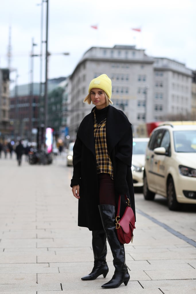 Keep Warm in a Yellow Beanie, Plaid Shirt, and Skinny Jeans