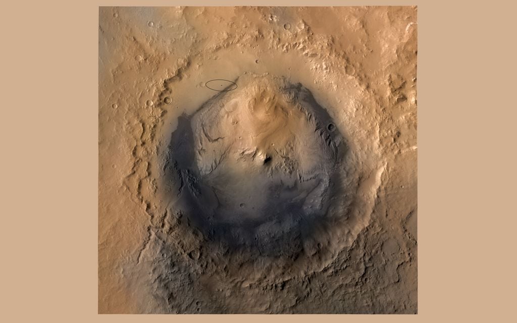 Looking straight down at the Gale Crater, the rover's landing site.
Source: NASA/JPL-Caltech/ESA/DLR/FU Berlin/MSSS Looking straight down at the Gale Crater, the rover's landing site.
Source: NASA/JPL-Caltech/ESA/DLR/FU Berlin/MSSS