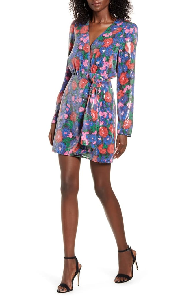 Wayf Mylene Floral Sequin Long Sleeve Wrap Front Minidress