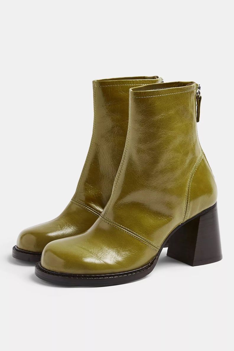 Green Patent Leather Chunky Scoop Toe Boots