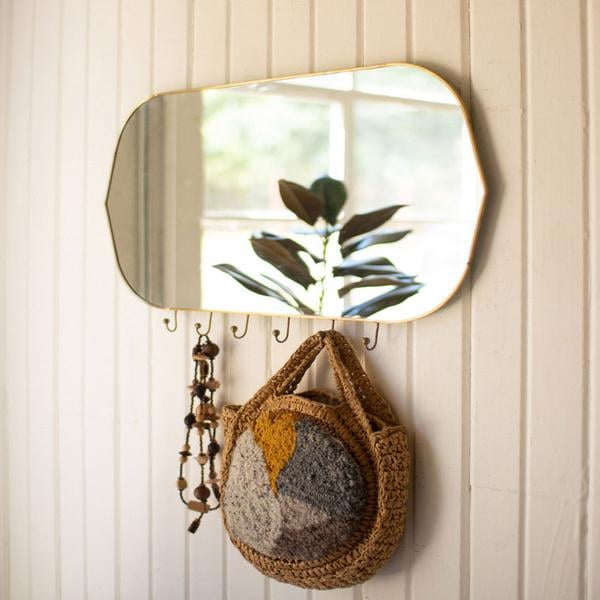 Brass Framed Mirror With Hooks