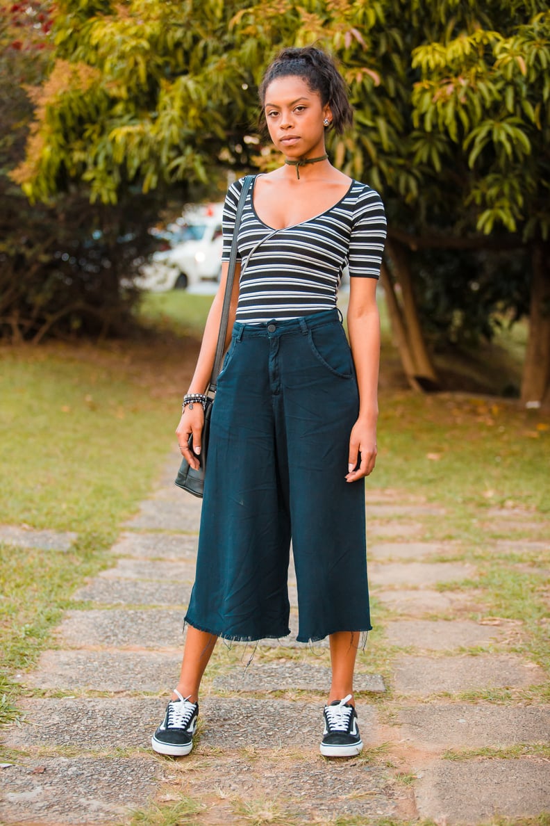 With a Striped Top and Cropped, Wide-Leg Jeans