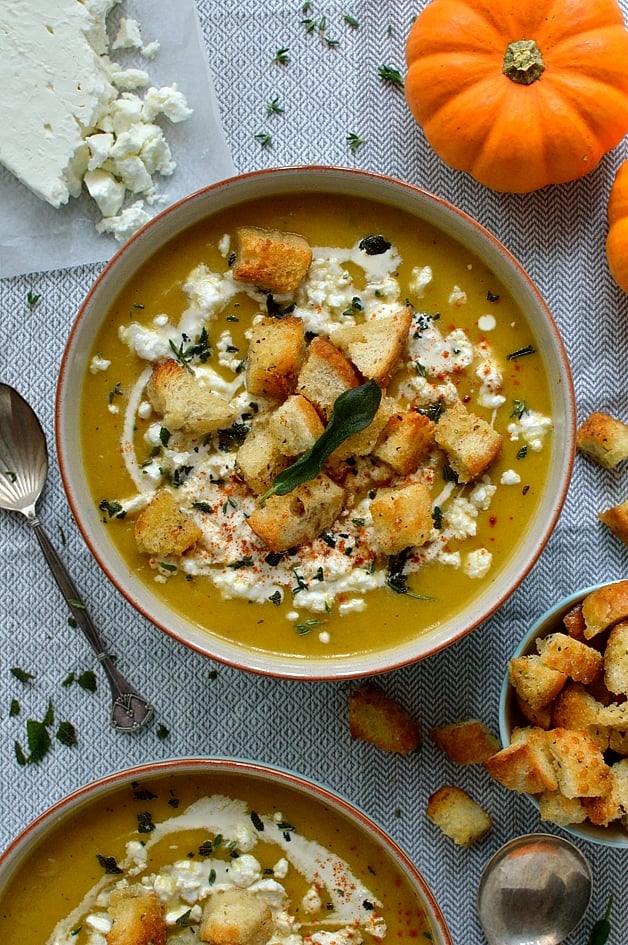 Spiced Roast Pumpkin Soup With Garlic Croutons, Feta, and Crispy Fried Sage