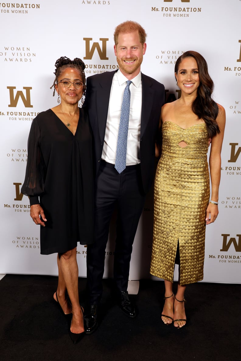 NEW YORK, NEW YORK - MAY 16: (L-R) Doria Ragland, Prince Harry, Duke of Sussex and Meghan, The Duchess of Sussex attend the Ms. Foundation Women of Vision Awards: Celebrating Generations of Progress & Power at Ziegfeld Ballroom on May 16, 2023 in New York
