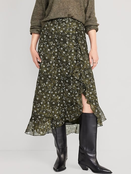 High-Waisted Ruffle-Trim Maxi Skirt