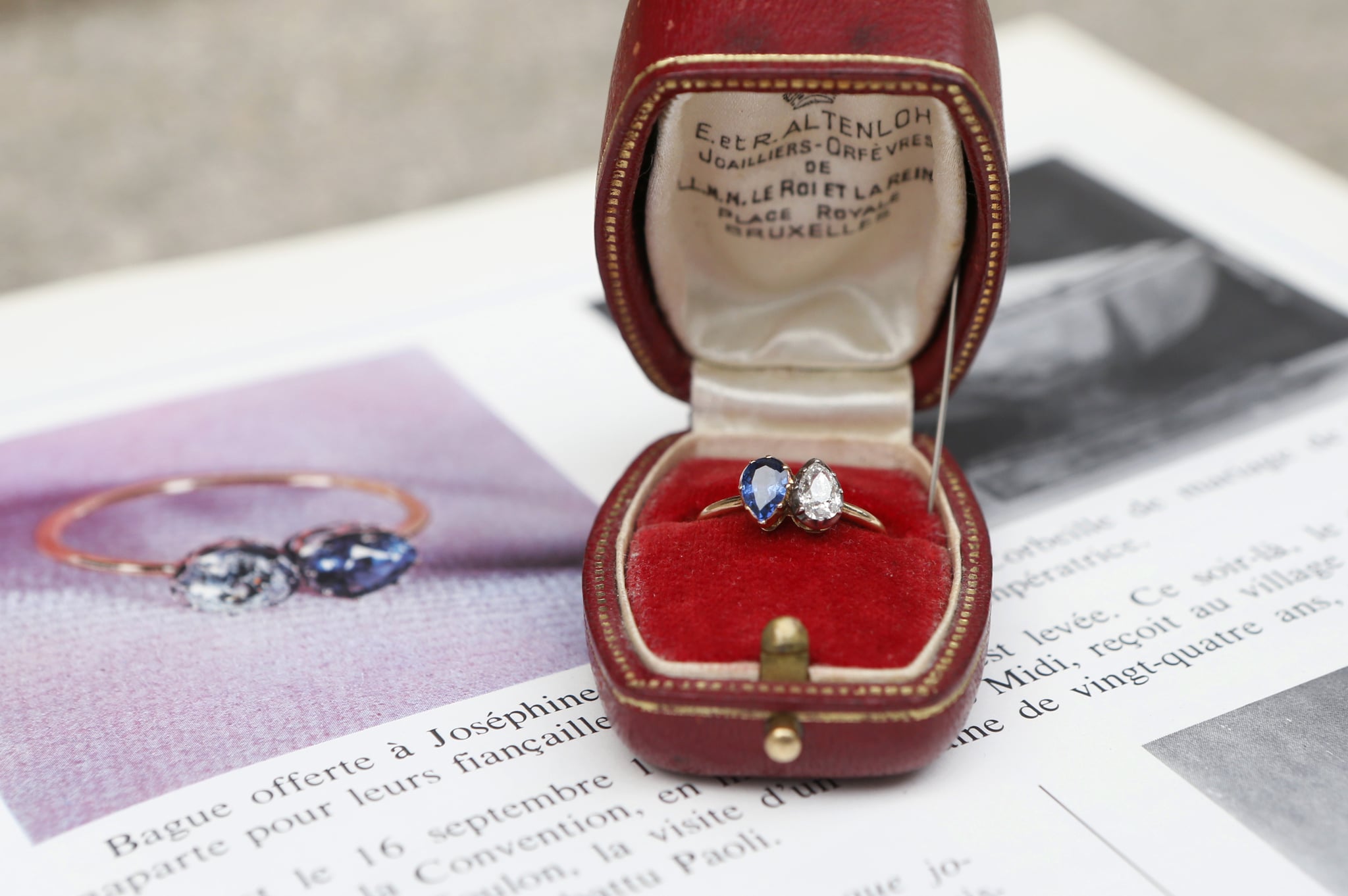 A diamond and sapphire engagement ring given in 1796 by Napoleon Bonaparte to Josephine de Beauharnais is displayed on a table on March 22, 2013 in Fontainebleau, outside Paris, ahead of an auction entitled 