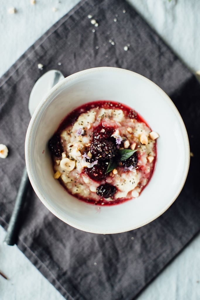 Breakfast Quinoa Flakes With Stewed Blackberries and Basil Flowers