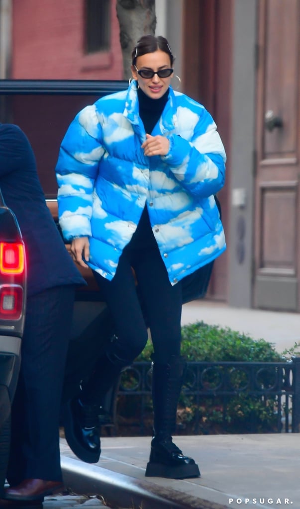 Irina Shayk Wearing a Cute Cloud-Print Moschino Puffer