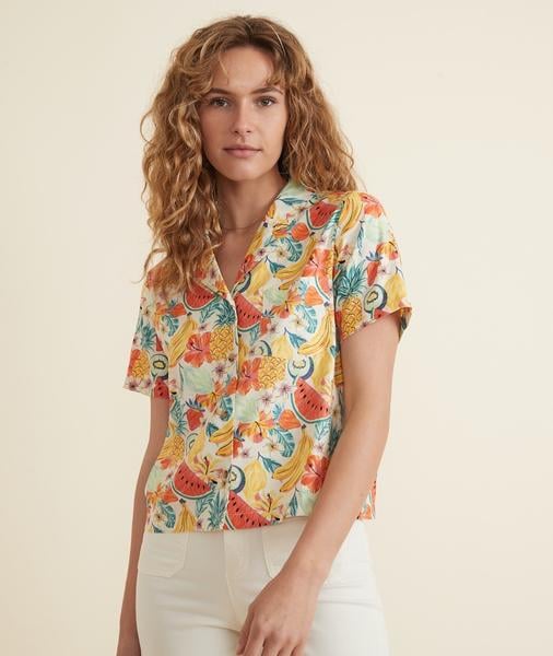 Marine Layer Lucy Resort Shirt in White Fruit Print