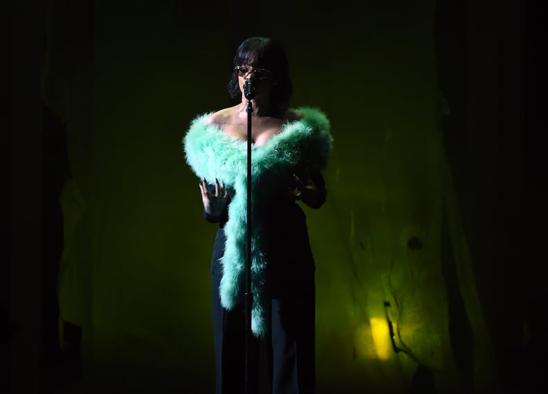 Rihanna Performing in a Green Furry Stole at the Billboard Music Awards, 2016