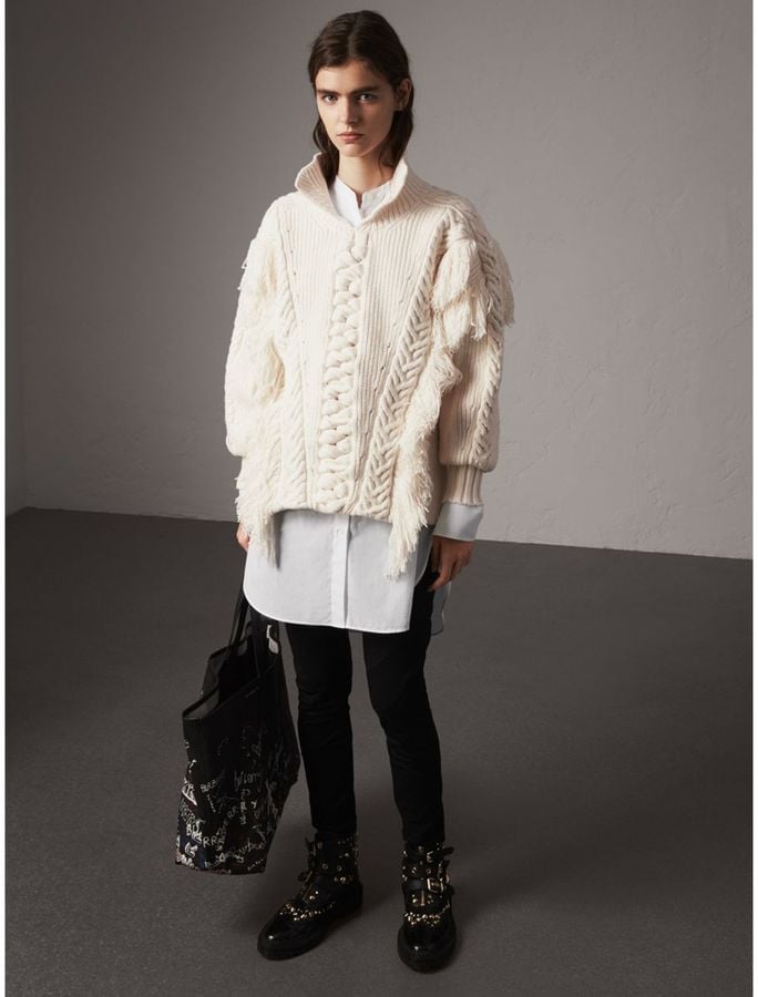 Burberry Fringed Cable Knit Cotton Blend Oversized Sweater