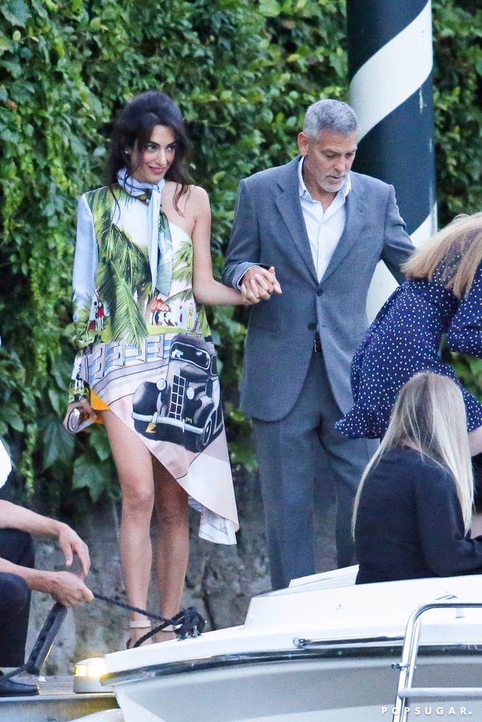 Amal Clooney Blue Car Print Dress in Italy 2018