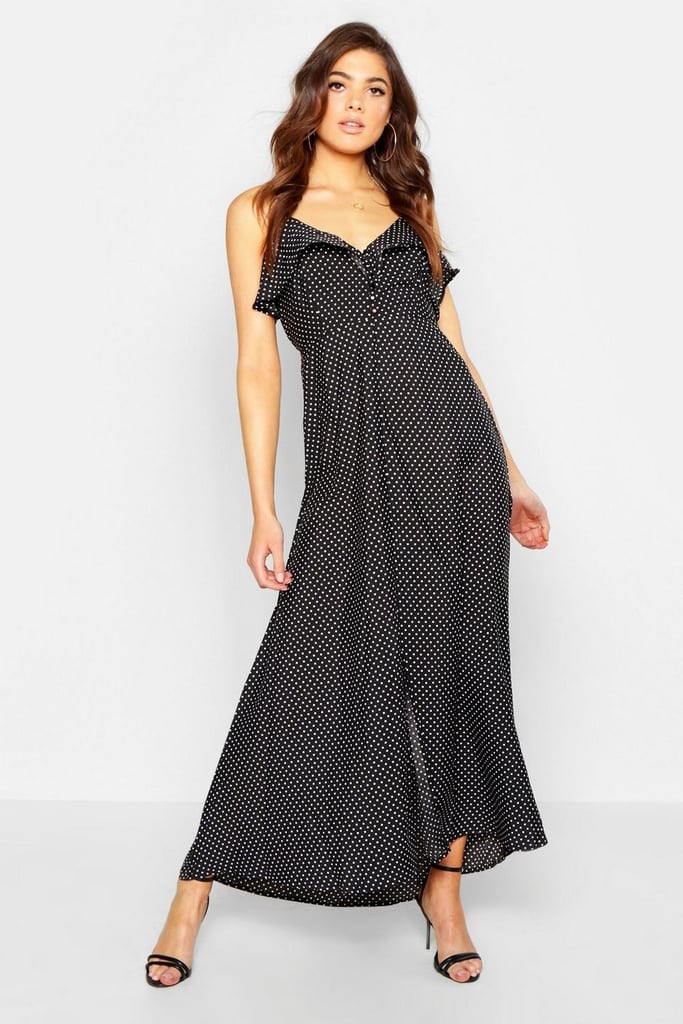 Boohoo Woven Polka Dot Covered Button Maxi Dress