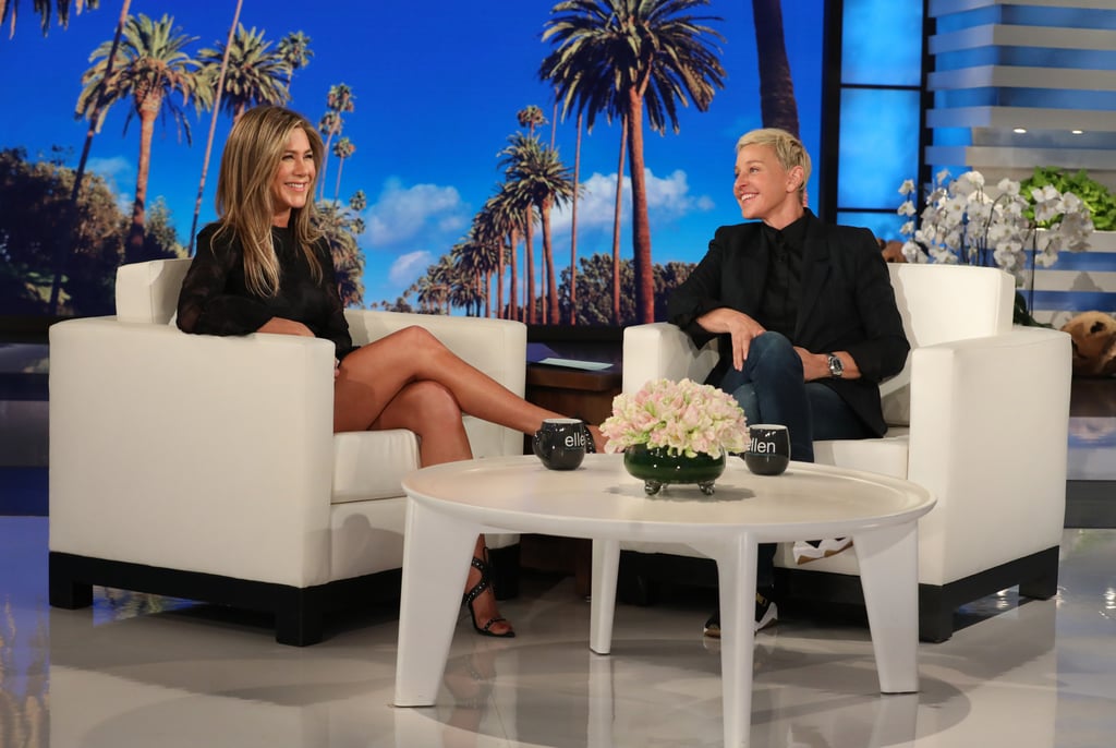 Jennifer Aniston Black Dress and Studded Sandals on Ellen