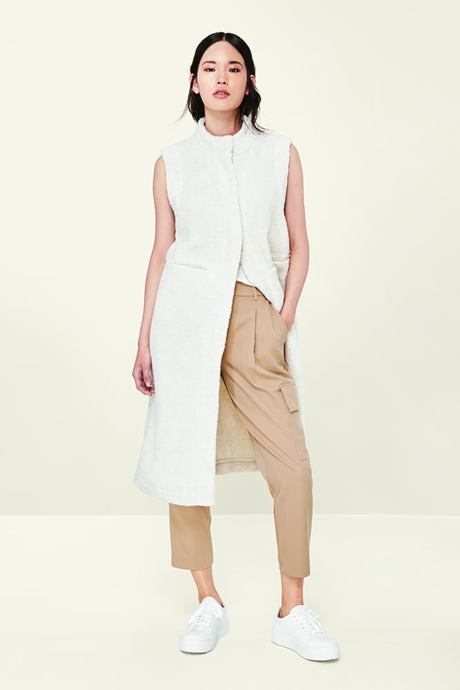 Longline Sherpa Vest, $45, styled over the Cargo Pant, $30