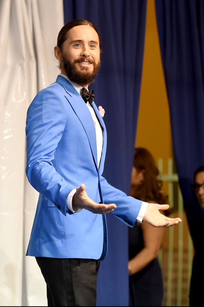 Jared Leto showed off his blue tuxedo in the press room.