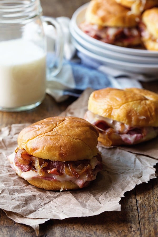 Entrée: Hot Ham and Cheese Sandwiches With Bacon and Caramelized Onions
