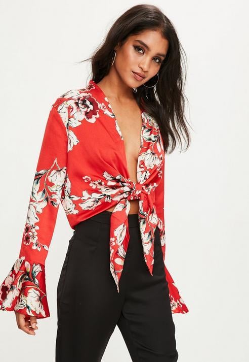 Missguided Red Floral Print Satin Blouse