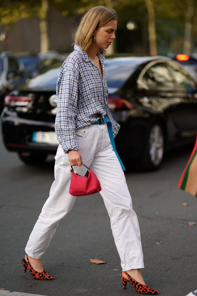 With a Checkered Shirt, Utility Belt, and Red Leopard-Print Slingbacks