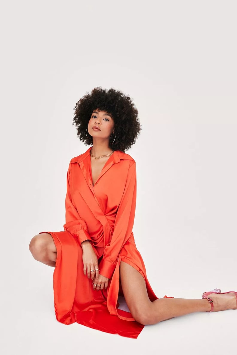 A Red Hot Moment: Nasty Gal Wrap Front Satin Midi Shirt Dress