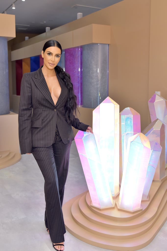 Kim Kardashian Pinstripe Suit at KKW Beauty Pop-Up Shop 2018