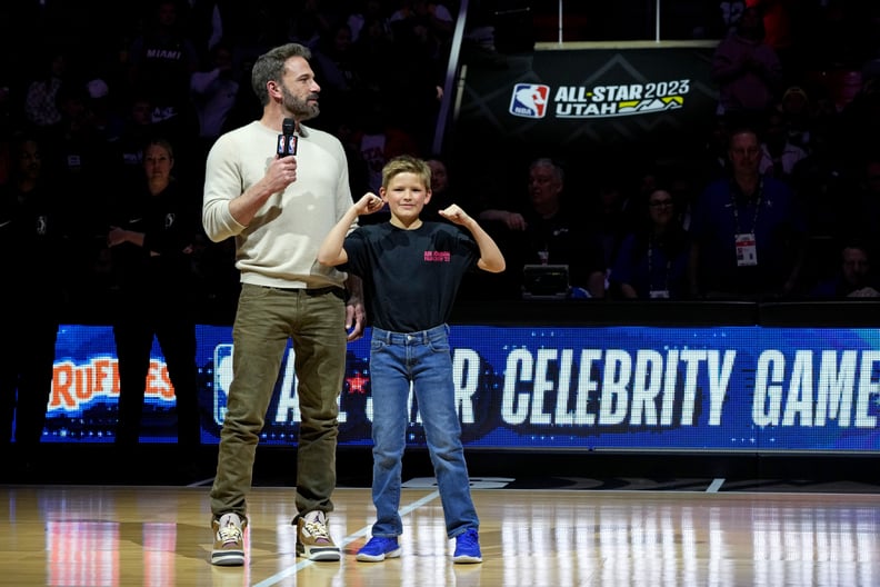 Ben Affleck and Samuel Garner Affleck speak at the Ruffles Celebrity Game during the 2023 NBA All-Star Weekend at Vivint Arena on February 17, 2023 in Salt Lake City, Utah. (Photo by Kevin Mazur/Getty Images)