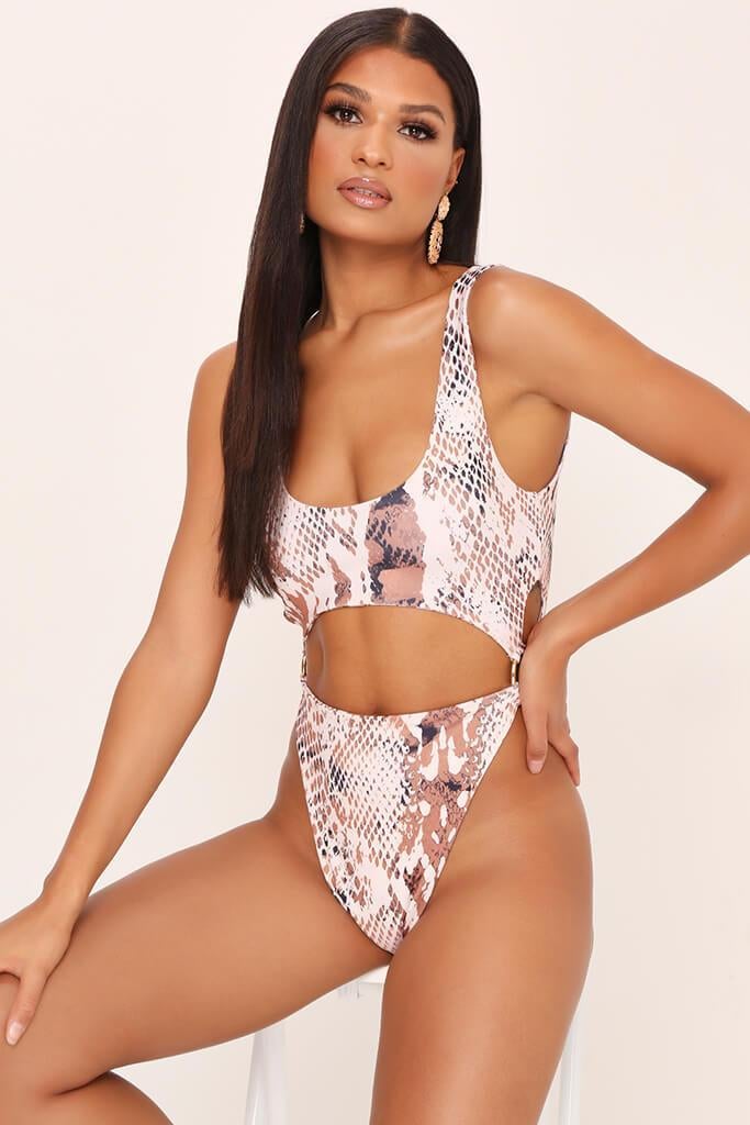I Saw It First Beige Snake Print Ring Detail Cut Out Swimsuit