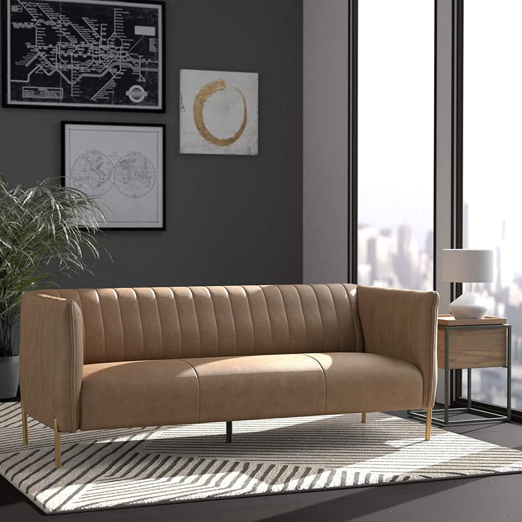 An Eye-Catcher: Rivet Frederick Mid-Century Channel Tufted Leather Sofa Couch