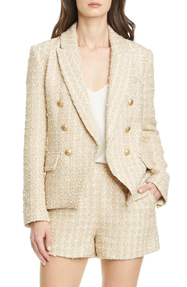 L'Agence Kenzie Double Breasted Metallic Tweed Blazer