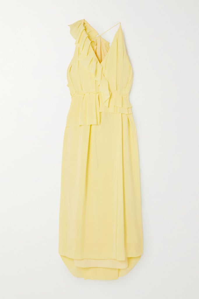 维多利亚·贝克汉姆淡黄色不对称的荷叶边silk-georgette midi礼服