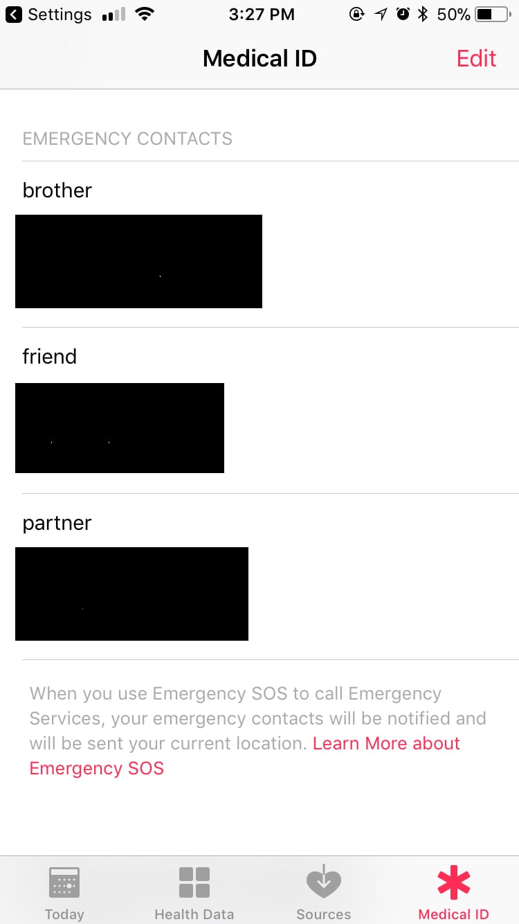 In the Health app, you'll see your Medical ID information and emergency contacts.