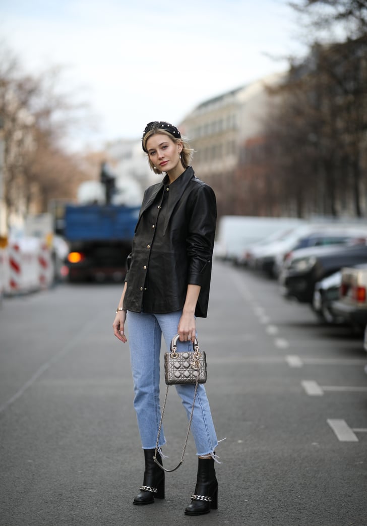 Style pared-down denim with a leather button-down and standout ...