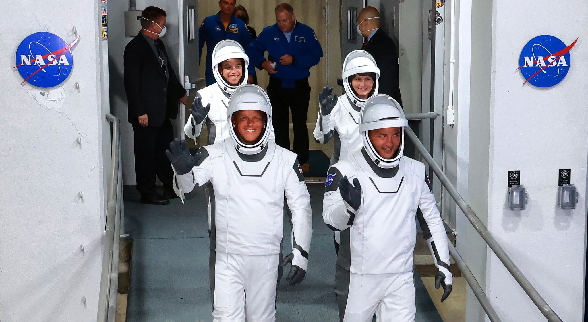 The astronauts of the NASA Crew-4 mission head to Launch Complex 39-A to prepare for liftoff to the International Space Station onboard a SpaceX Falcon 9 rocket from Kennedy Space Centre, Florida, Wednesday, April 27, 2022. From left, NASA astronauts Jessica Watkins and Robert Hines; ESA astronaut Samantha Cristoforetti; and NASA astronaut Kjell Lindgren. (Joe Burbank/Orlando Sentinel/Tribune News Service via Getty Images)
