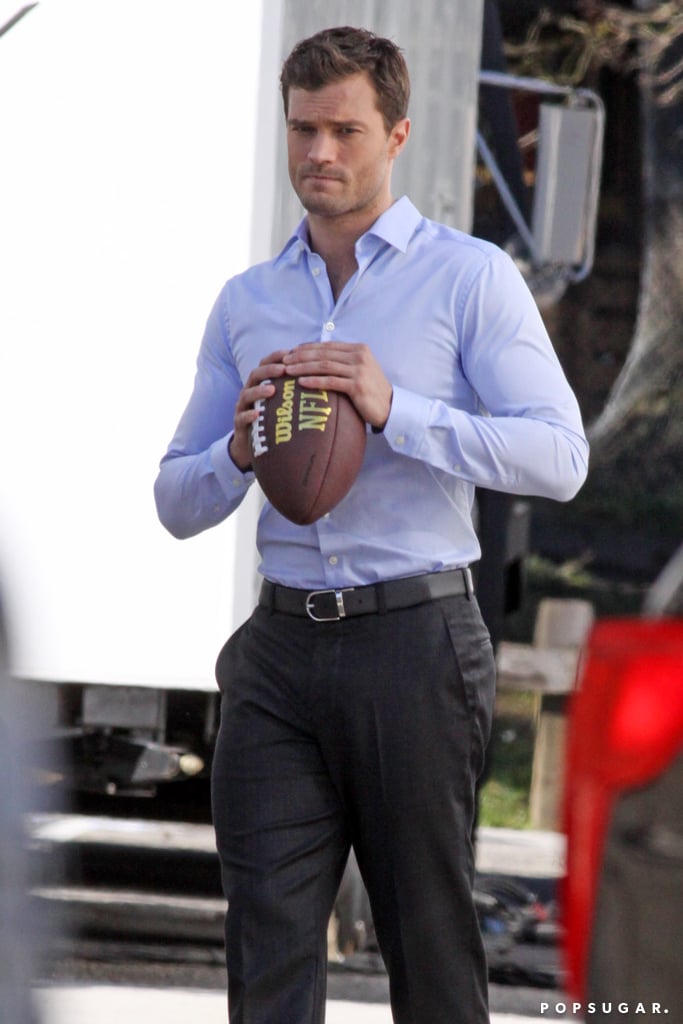 Jamie Dornan Throwing a Football on Fifty Shades Darker Set